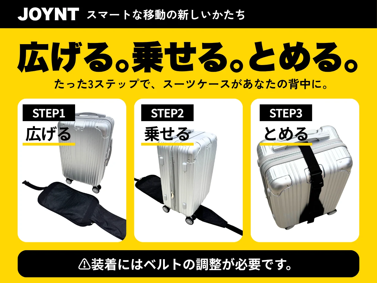 広げる。乗せる。とめる。たった3ステップで、スーツケースがあなたの背中に。装着にはベルトの調整が必要です。