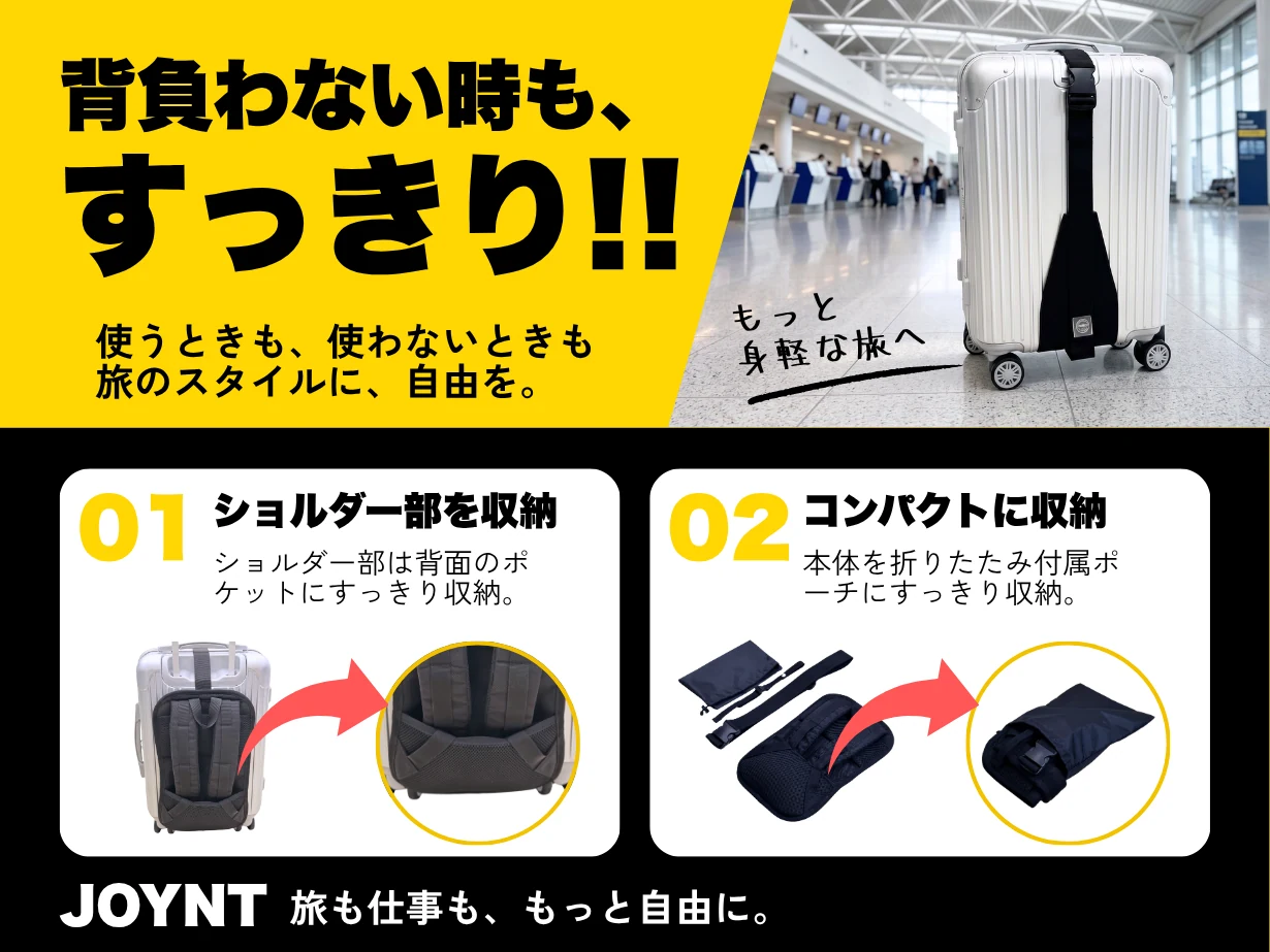 背負わない時も、すっきり！！01 ショルダー部を収納：ショルダー部は背面のポケットにすっきり収納。02 コンパクトに収納：本体を折りたたみ付属ポーチにすっきり収納。