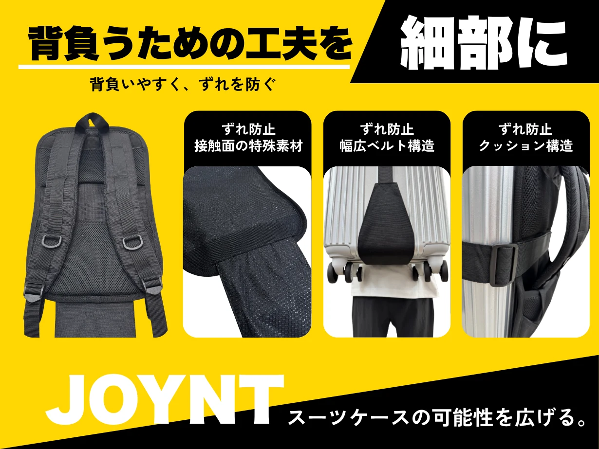 背負うための工夫を細部に。背負いやすく、ずれを防ぐ。ずれ防止 接触面の特殊素材／ずれ防止 幅広ベルト構造／ずれ防止 クッション構造