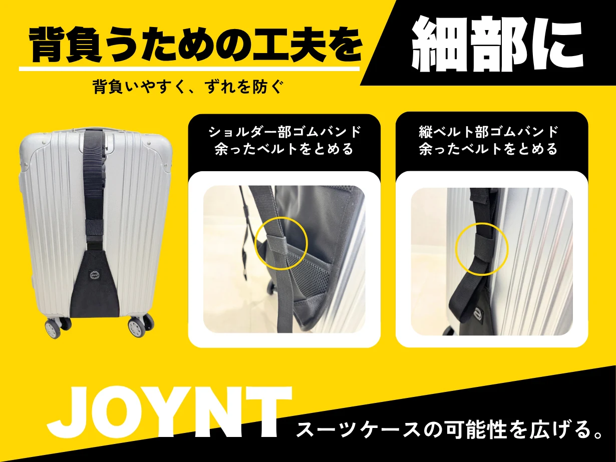 背負うための工夫を細部に。背負いやすく、ずれを防ぐ。ショルダー部ゴムバンド 余ったベルトをとめる／縦ベルト部ゴムバンド 余ったベルトをとめる