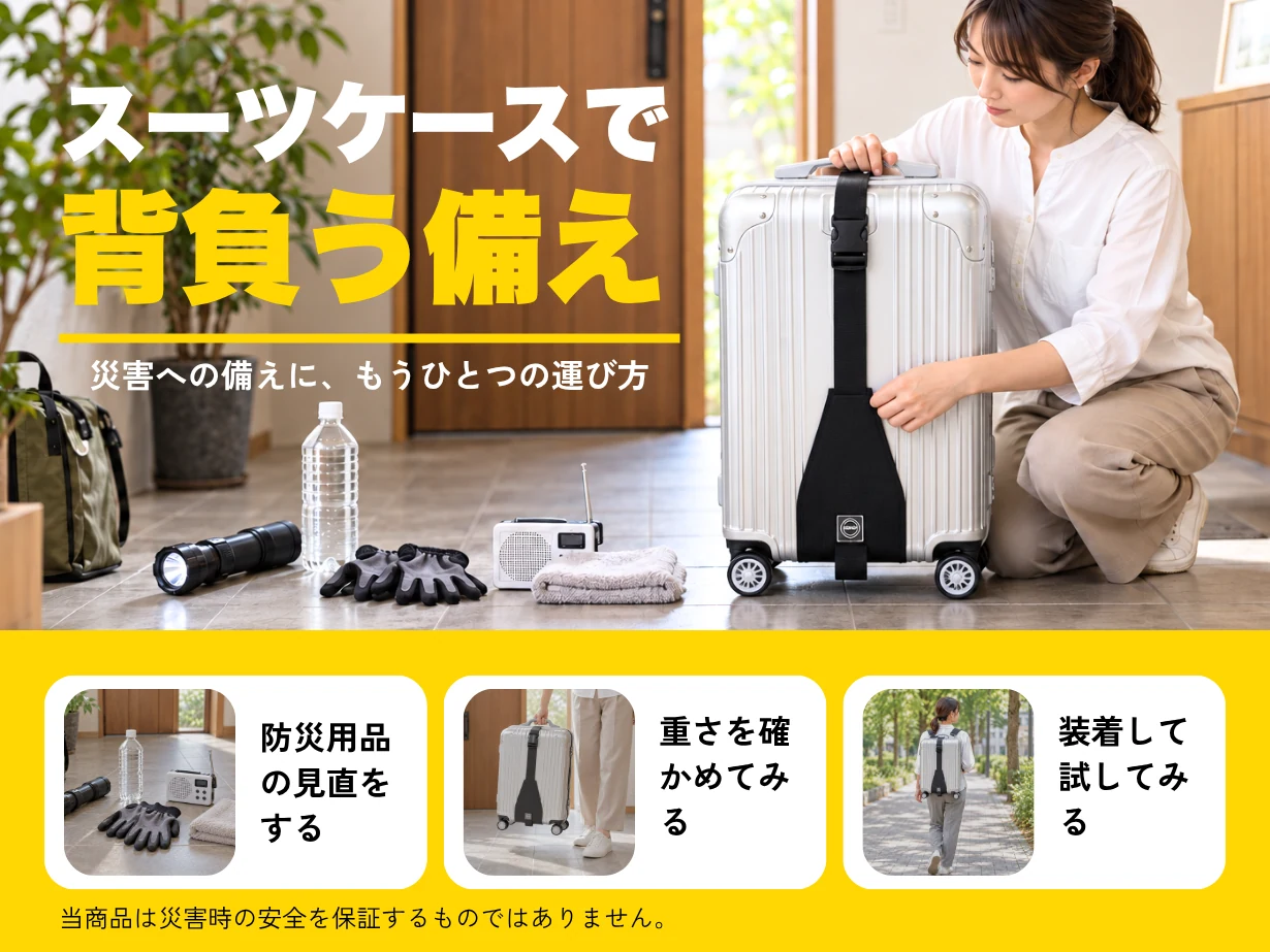 スーツケースで背負う備え。災害への備えに、もうひとつの運び方。防災用品の見直しをする／重さを確かめてみる／装着して試してみる。当商品は災害時の安全を保証するものではありません。