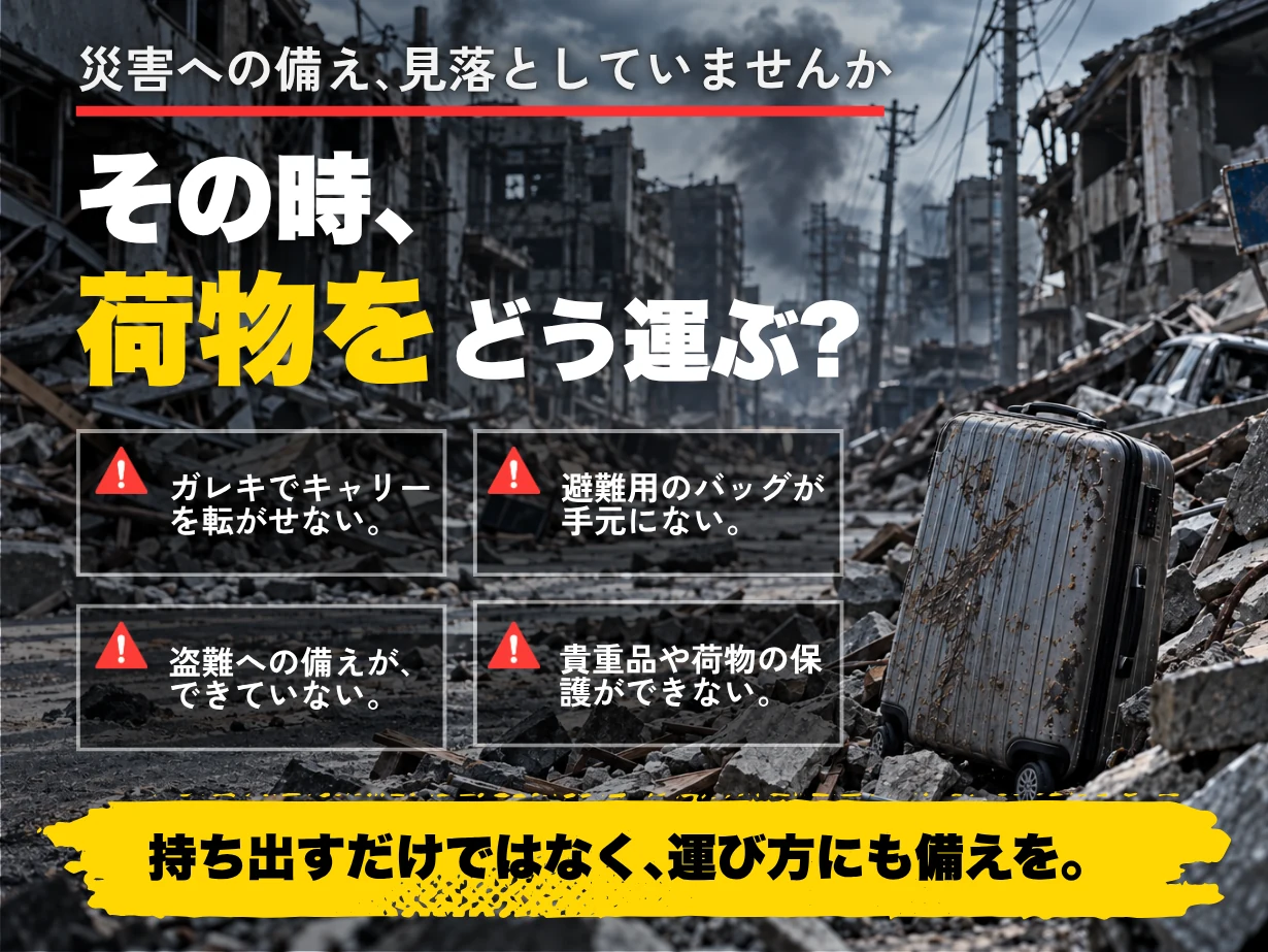 災害への備え、見落としていませんか。その時、荷物をどう運ぶ？ガレキでキャリーを転がせない／避難用のバッグが手元にない／盗難への備えができていない／貴重品や荷物の保護ができない。持ち出すだけではなく、運び方にも備えを。