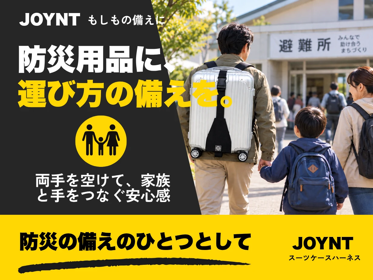 もしもの備えに。防災用品に、運び方の備えを。両手を空けて、家族と手をつなぐ安心感。防災の備えのひとつとして