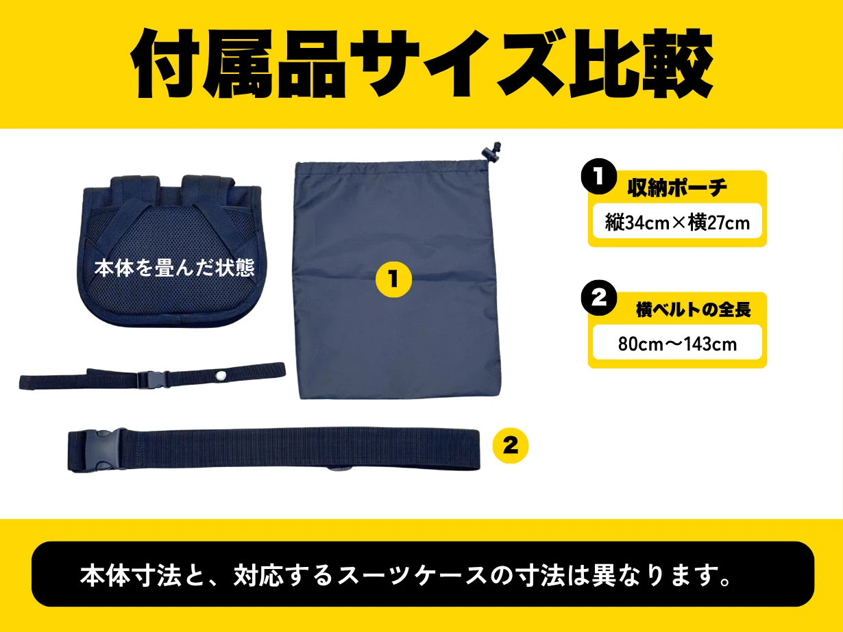 付属品サイズ比較。収納ポーチ 縦34cm×横27cm、横ベルトの全長 80cm〜143cm。本体寸法と、対応するスーツケースの寸法は異なります。